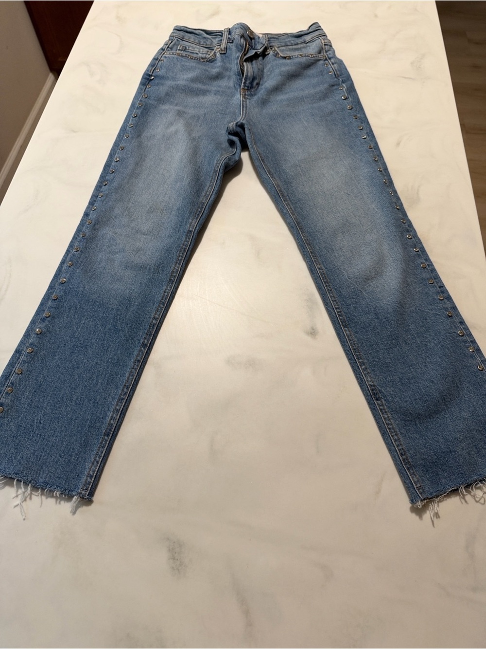 Zara Light Blue Stud-Trim Straight-Leg Jeans